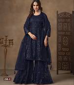 Navy net semi stitched sharara suit with heavy sequince work