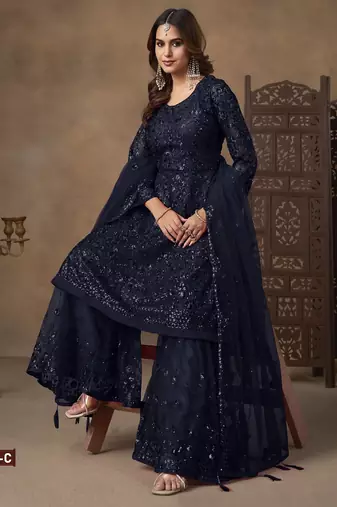 navy net sharara embroidered sequins & mirror suit