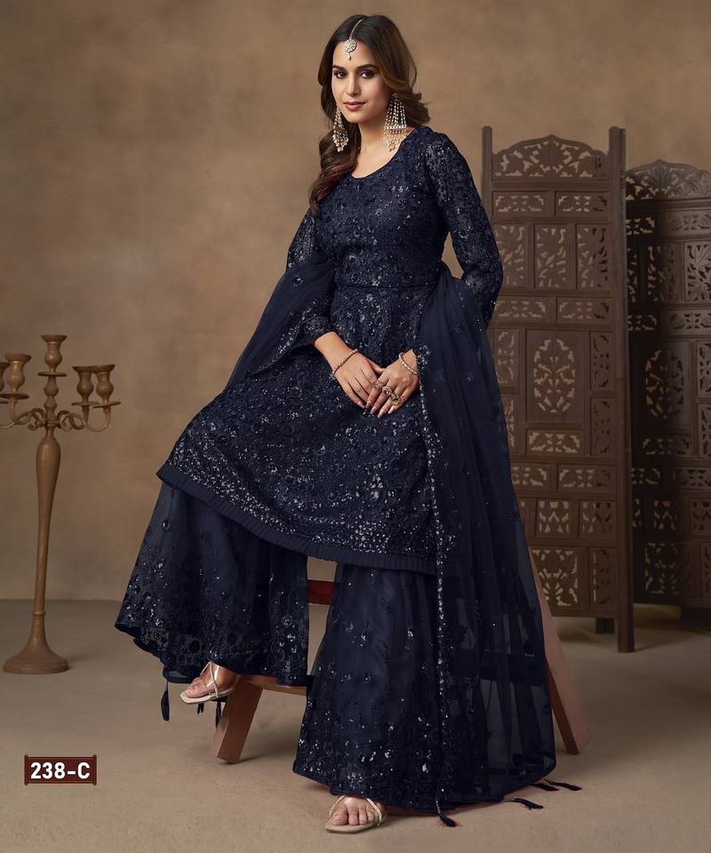 Navy net semi stitched sharara suit with heavy sequince work