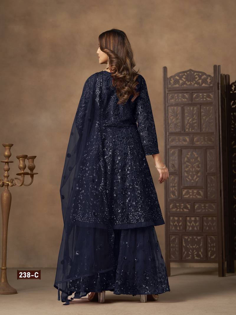 Navy net semi stitched sharara suit with heavy sequince work