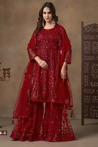 red net sharara suit with heavy sequince work