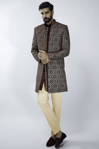 black velvet embroidered indo-western kurta set with black cotton lycra pant 