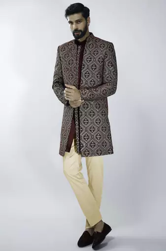 black velvet embroidered indo-western kurta set with black cotton lycra pant 