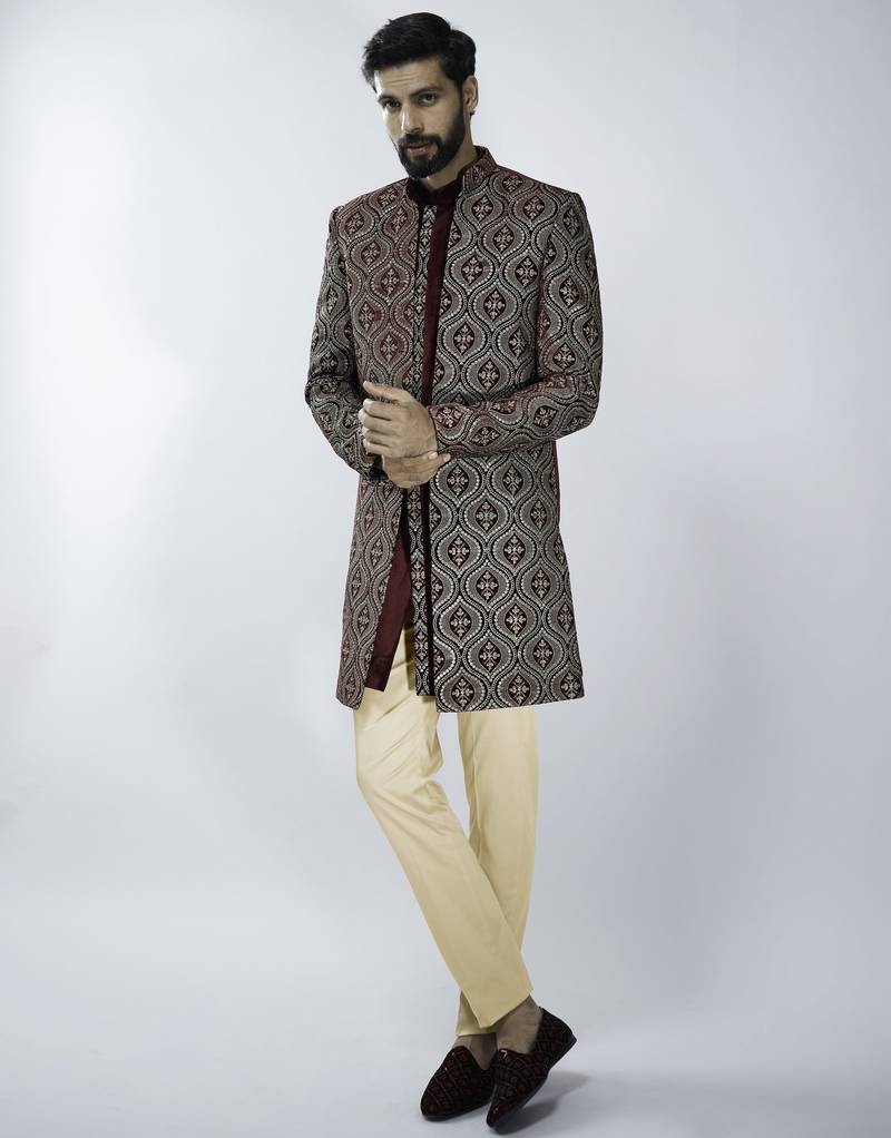 black velvet embroidered indo-western kurta set with black cotton lycra pant 