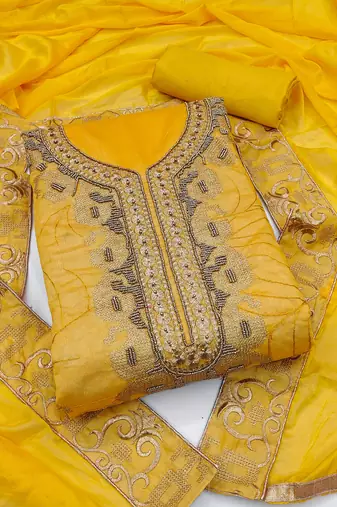 yellow cotton hand embroidery dress material