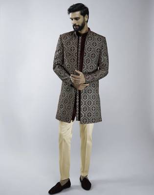 black velvet embroidered indo-western kurta set with black cotton lycra pant  3
