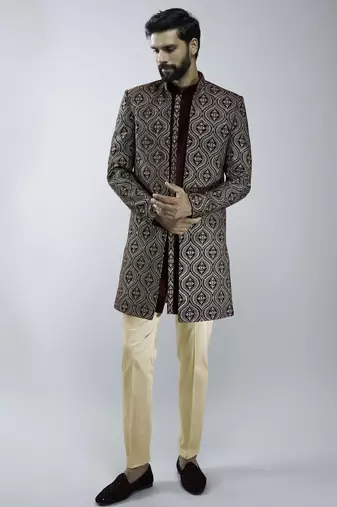 black velvet embroidered indo-western kurta set with black cotton lycra pant 