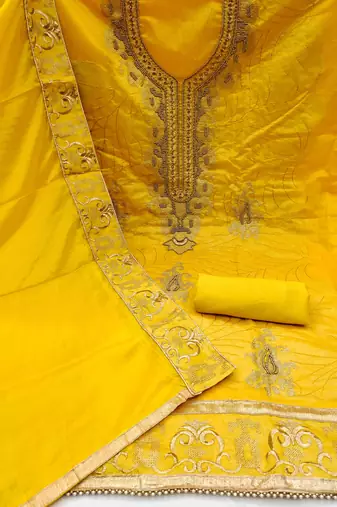 yellow cotton hand embroidery dress material