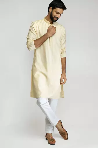cotton blend jacquard thread embroidered long kurta with white poplin cotton pyjama set 