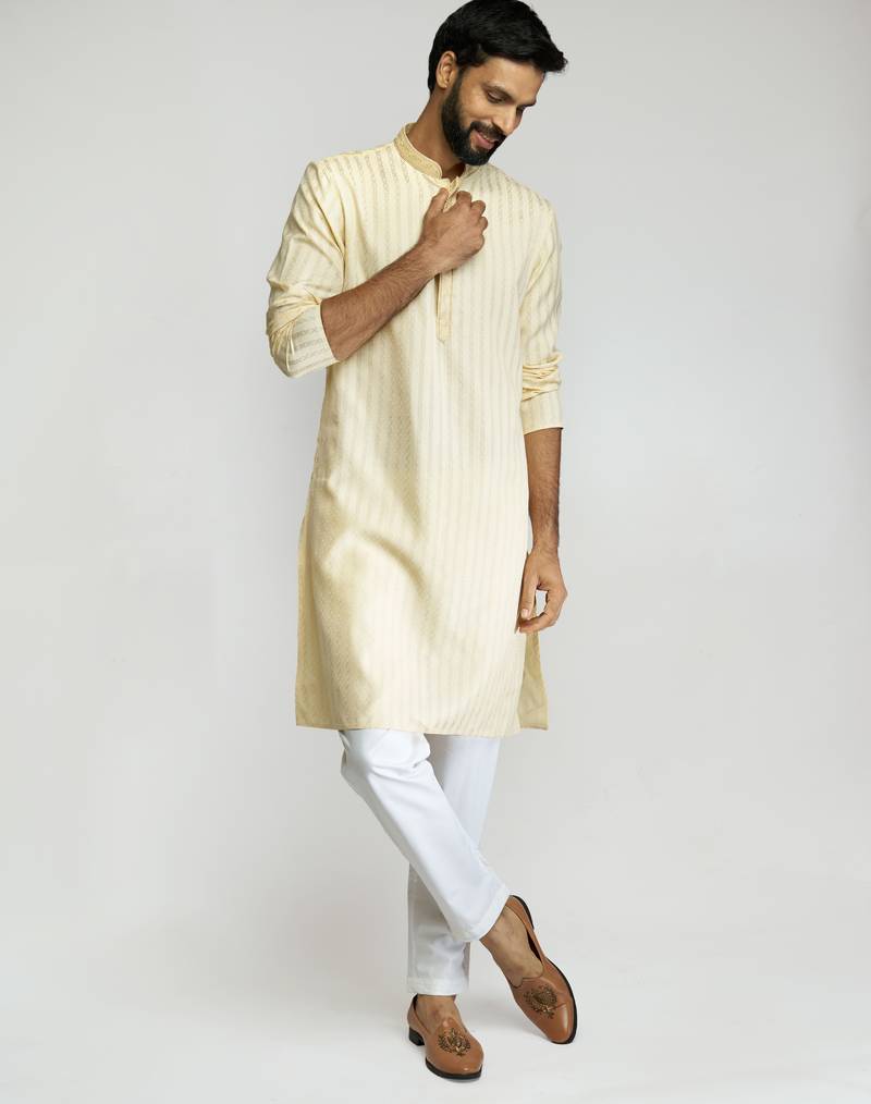 cotton blend jacquard thread embroidered long kurta with white poplin cotton pyjama set 