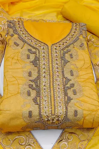 yellow cotton hand embroidery dress material
