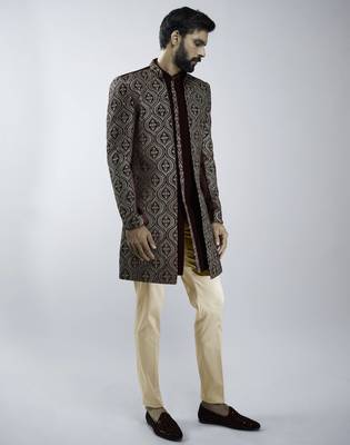 black velvet embroidered indo-western kurta set with black cotton lycra pant  4