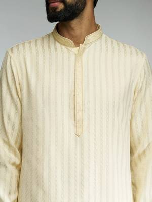 cotton blend jacquard thread embroidered long kurta with white poplin cotton pyjama set  2