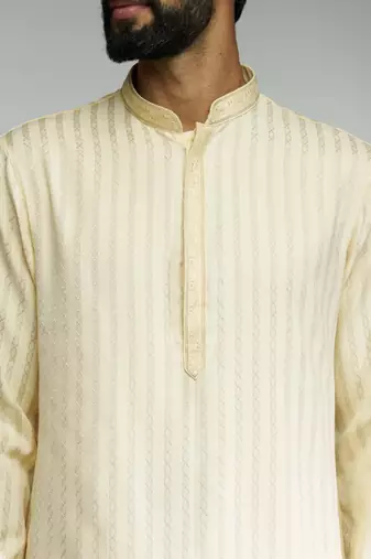 cotton blend jacquard thread embroidered long kurta with white poplin cotton pyjama set 