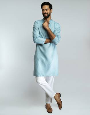 aqua cotton blend jacquard thread embroidered long kurta with white poplin cotton pyjama set  1
