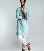 aqua cotton blend jacquard thread embroidered long kurta with white poplin cotton pyjama set 