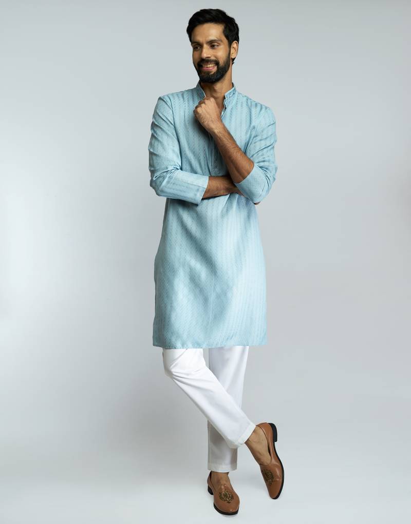aqua cotton blend jacquard thread embroidered long kurta with white poplin cotton pyjama set 