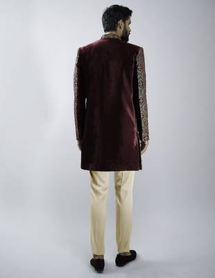 black velvet embroidered indo-western kurta set with black cotton lycra pant  5