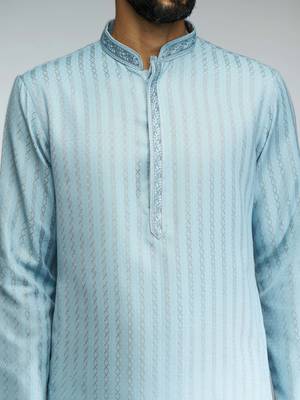 aqua cotton blend jacquard thread embroidered long kurta with white poplin cotton pyjama set  2