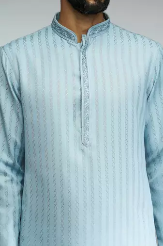 aqua cotton blend jacquard thread embroidered long kurta with white poplin cotton pyjama set 