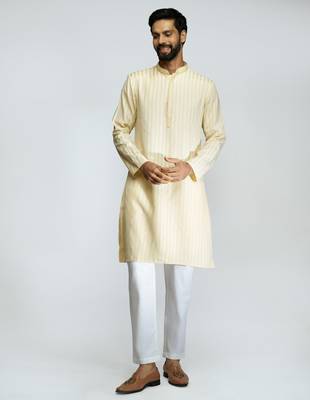 cotton blend jacquard thread embroidered long kurta with white poplin cotton pyjama set  3