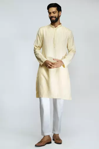 cotton blend jacquard thread embroidered long kurta with white poplin cotton pyjama set 