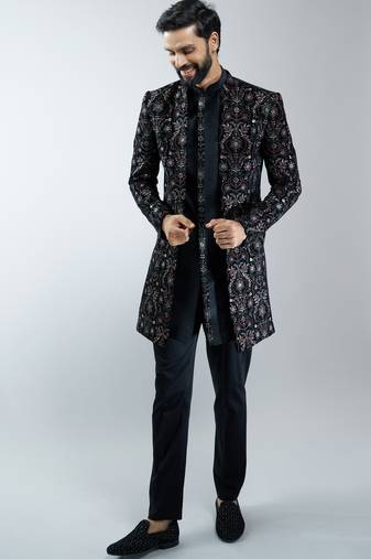 black velvet embroidered indo-western kurta pant set with mandarin collar 