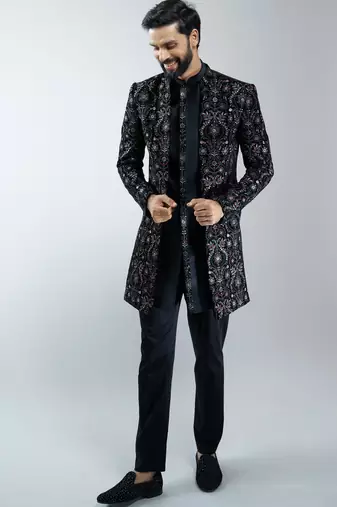 black velvet embroidered indo-western kurta pant set with mandarin collar 