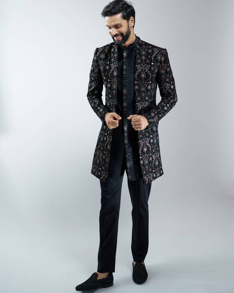 black velvet embroidered indo-western kurta pant set with mandarin collar 