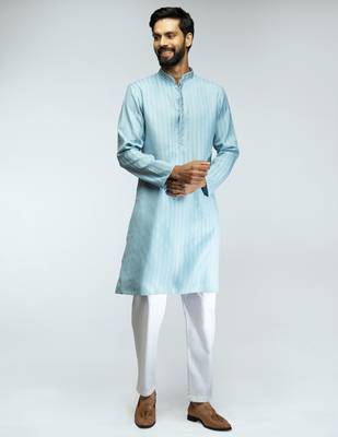 aqua cotton blend jacquard thread embroidered long kurta with white poplin cotton pyjama set  3