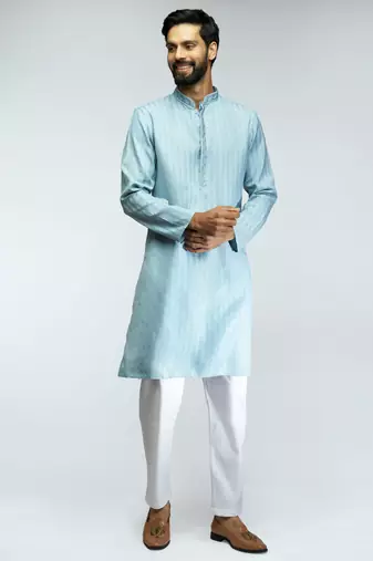 aqua cotton blend jacquard thread embroidered long kurta with white poplin cotton pyjama set 