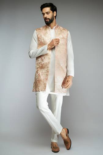 peach thread embroidered jacquard weave nehru jacket with cream fine satin pant style pyjama set 