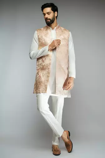 peach thread embroidered jacquard weave nehru jacket with cream fine satin pant style pyjama set 