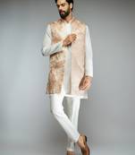 peach thread embroidered jacquard weave nehru jacket with cream fine satin pant style pyjama set 