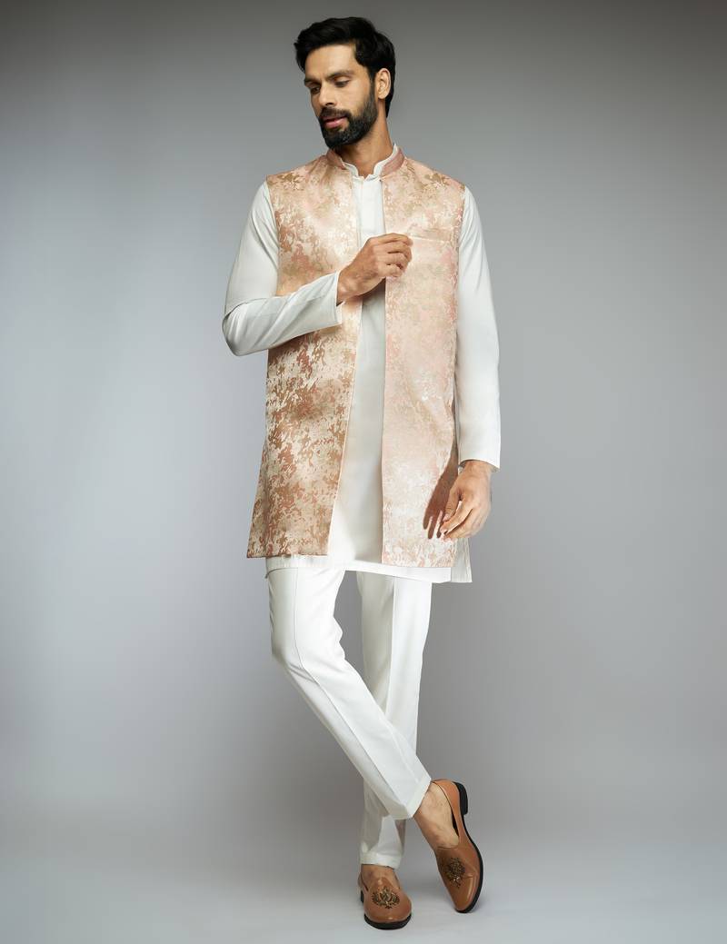 peach thread embroidered jacquard weave nehru jacket with cream fine satin pant style pyjama set 