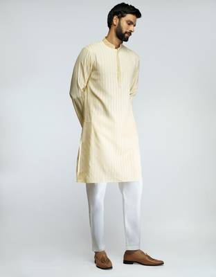 cotton blend jacquard thread embroidered long kurta with white poplin cotton pyjama set  4