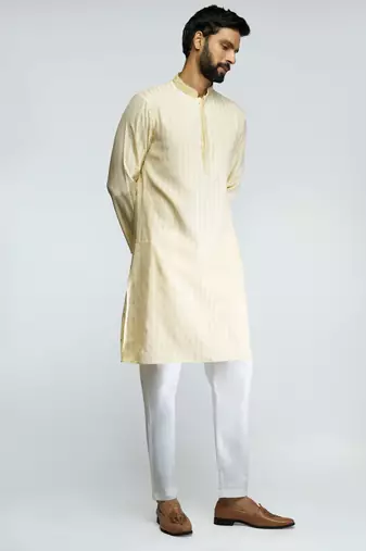 cotton blend jacquard thread embroidered long kurta with white poplin cotton pyjama set 