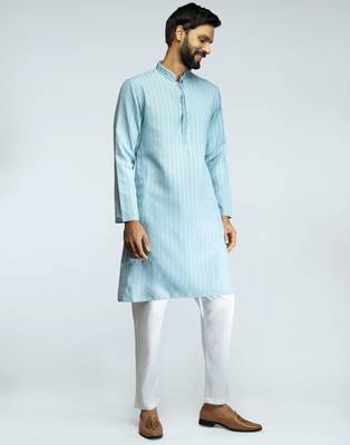 aqua cotton blend jacquard thread embroidered long kurta with white poplin cotton pyjama set  4