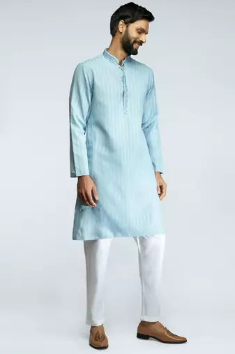 aqua cotton blend jacquard thread embroidered long kurta with white poplin cotton pyjama set 