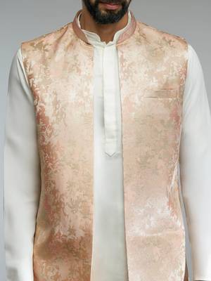 peach thread embroidered jacquard weave nehru jacket with cream fine satin pant style pyjama set  2