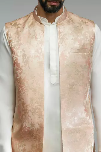 peach thread embroidered jacquard weave nehru jacket with cream fine satin pant style pyjama set 