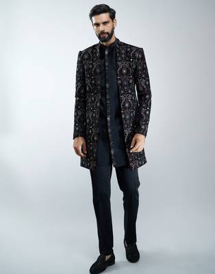 black velvet embroidered indo-western kurta pant set with mandarin collar  3