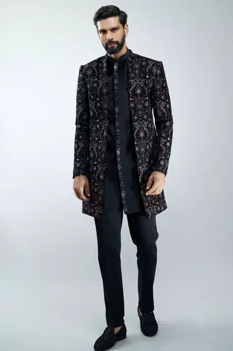 black velvet embroidered indo-western kurta pant set with mandarin collar 