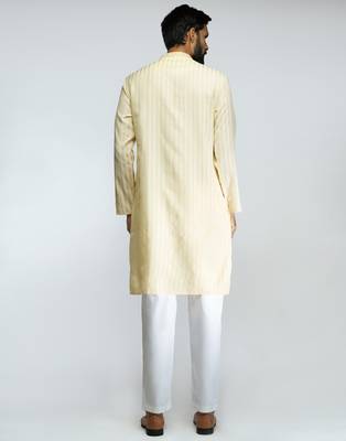 cotton blend jacquard thread embroidered long kurta with white poplin cotton pyjama set  5