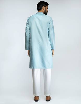 aqua cotton blend jacquard thread embroidered long kurta with white poplin cotton pyjama set  5
