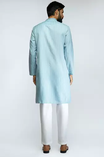 aqua cotton blend jacquard thread embroidered long kurta with white poplin cotton pyjama set 