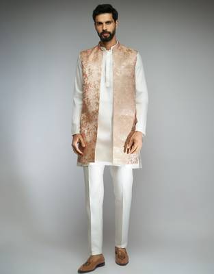 peach thread embroidered jacquard weave nehru jacket with cream fine satin pant style pyjama set  3