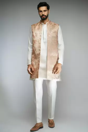 peach thread embroidered jacquard weave nehru jacket with cream fine satin pant style pyjama set 