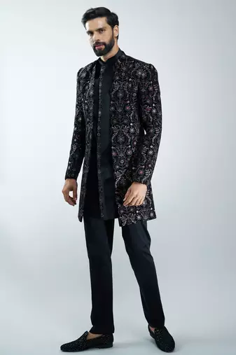 black velvet embroidered indo-western kurta pant set with mandarin collar 