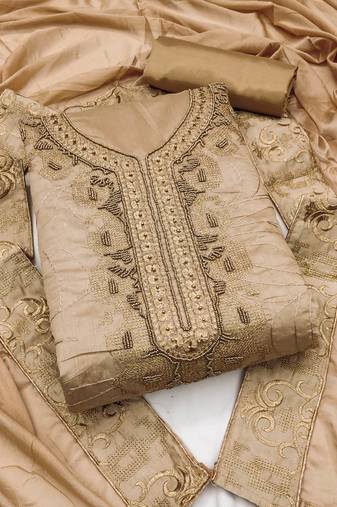 beige cotton hand embroidery dress material